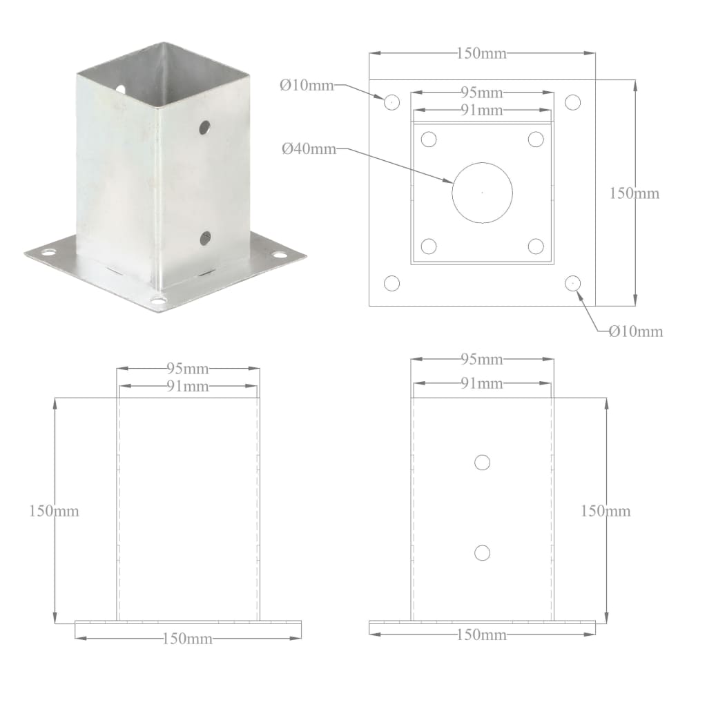 Stolpeankere 4 stk galvanisert metall 91 mm