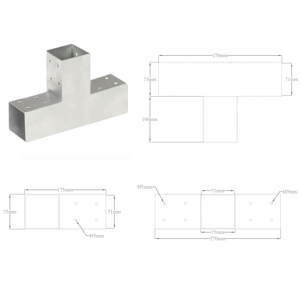 Stolpesko 4 stk T-form galvanisert metall 71x71 mm