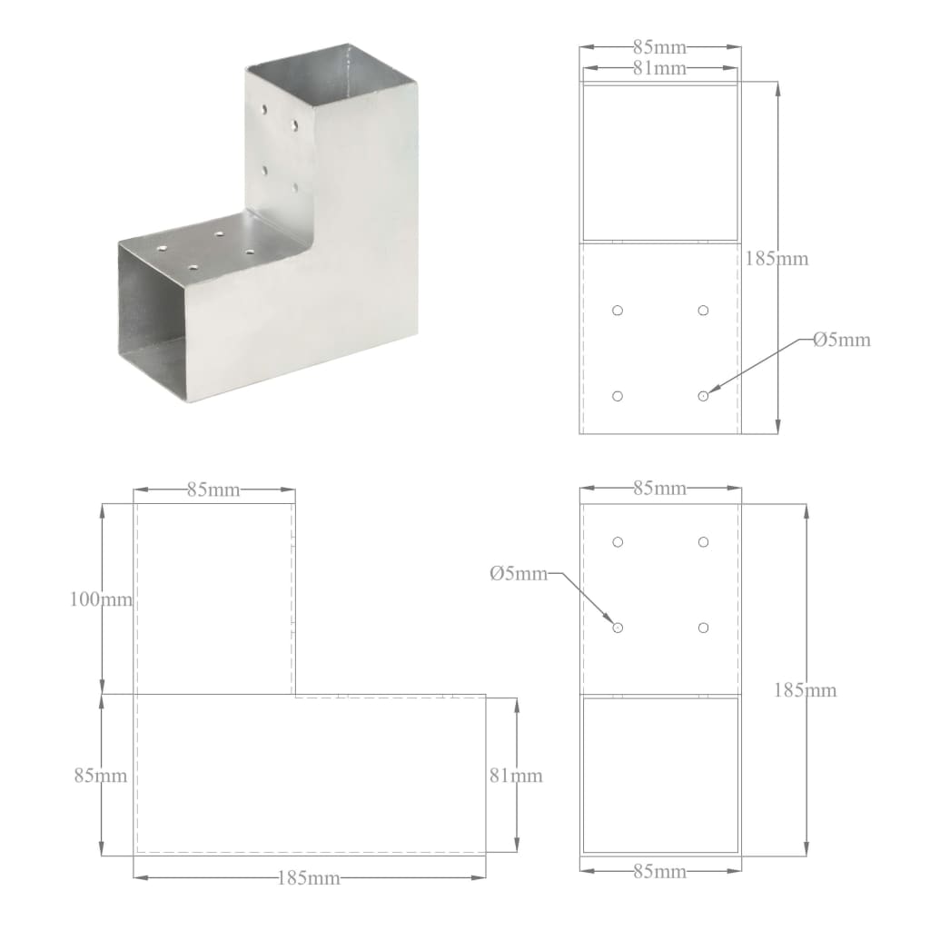 Stolpesko 4 stk L-form galvanisert metall 81x81 mm