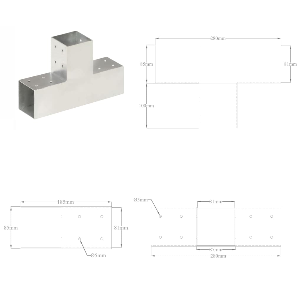 Stolpesko 4 stk T-form galvanisert metall 81x81 mm