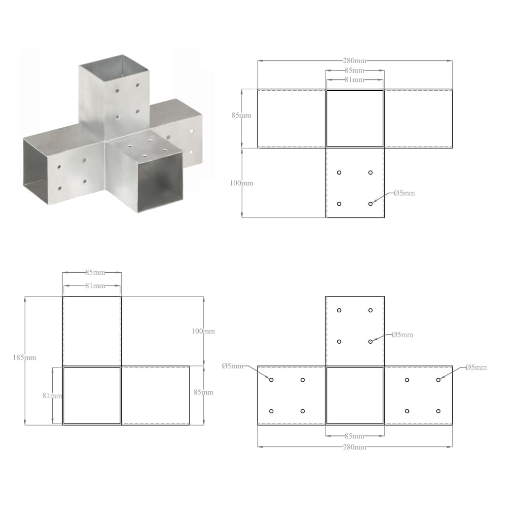 Stolpesko 4 stk X-form galvanisert metall 81x81 mm