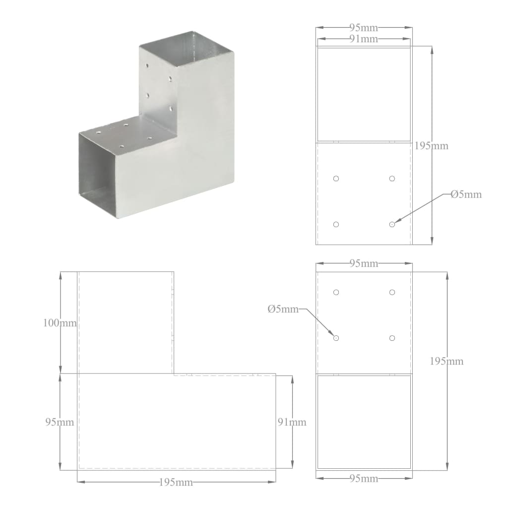 Stolpesko 4 stk L-form galvanisert metall 91x91 mm