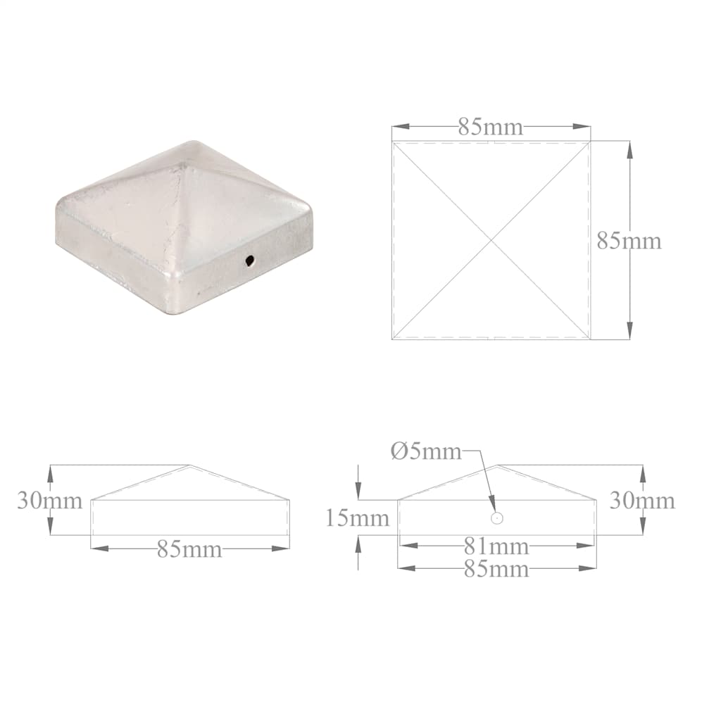 Gjerdestolpehatter pyramide 6 stk galvanisert metall 81x81 mm