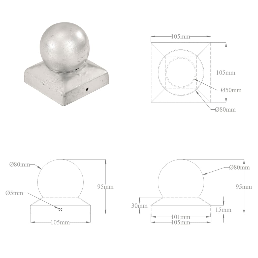 Stolpehatter 6 stk ballformet galvanisert metall 101x101 mm