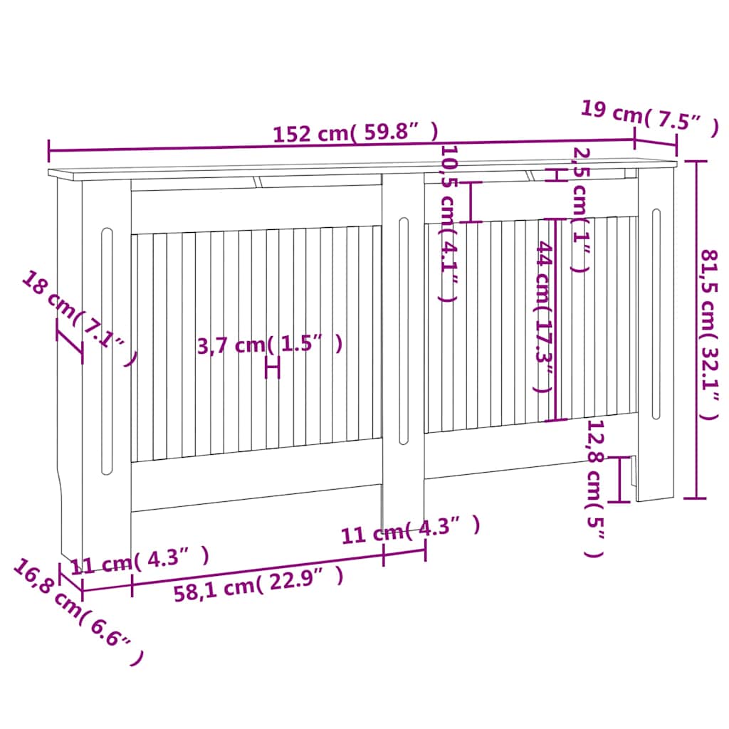 Radiatordeksel 152x19x81,5 cm konstruert tre