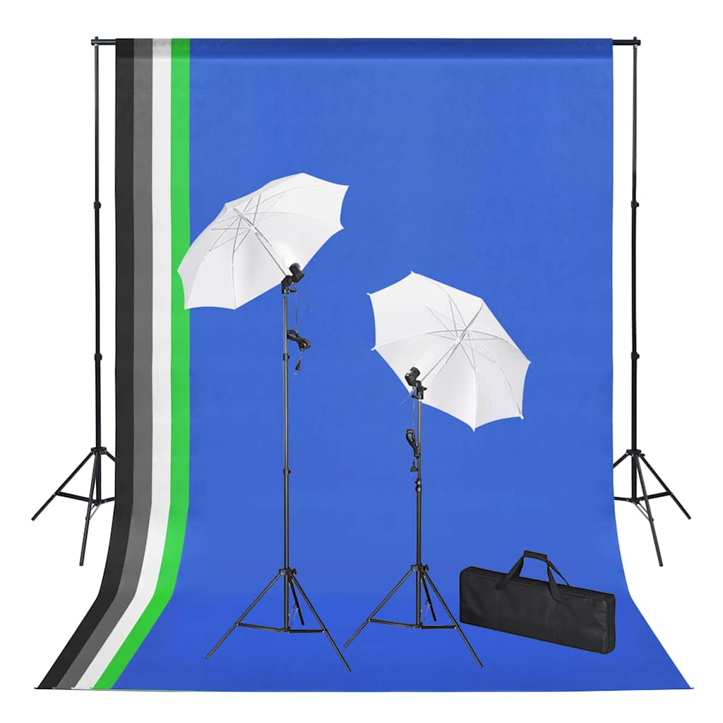Fotostudiosett med bakgrunner, lamper og parasoller