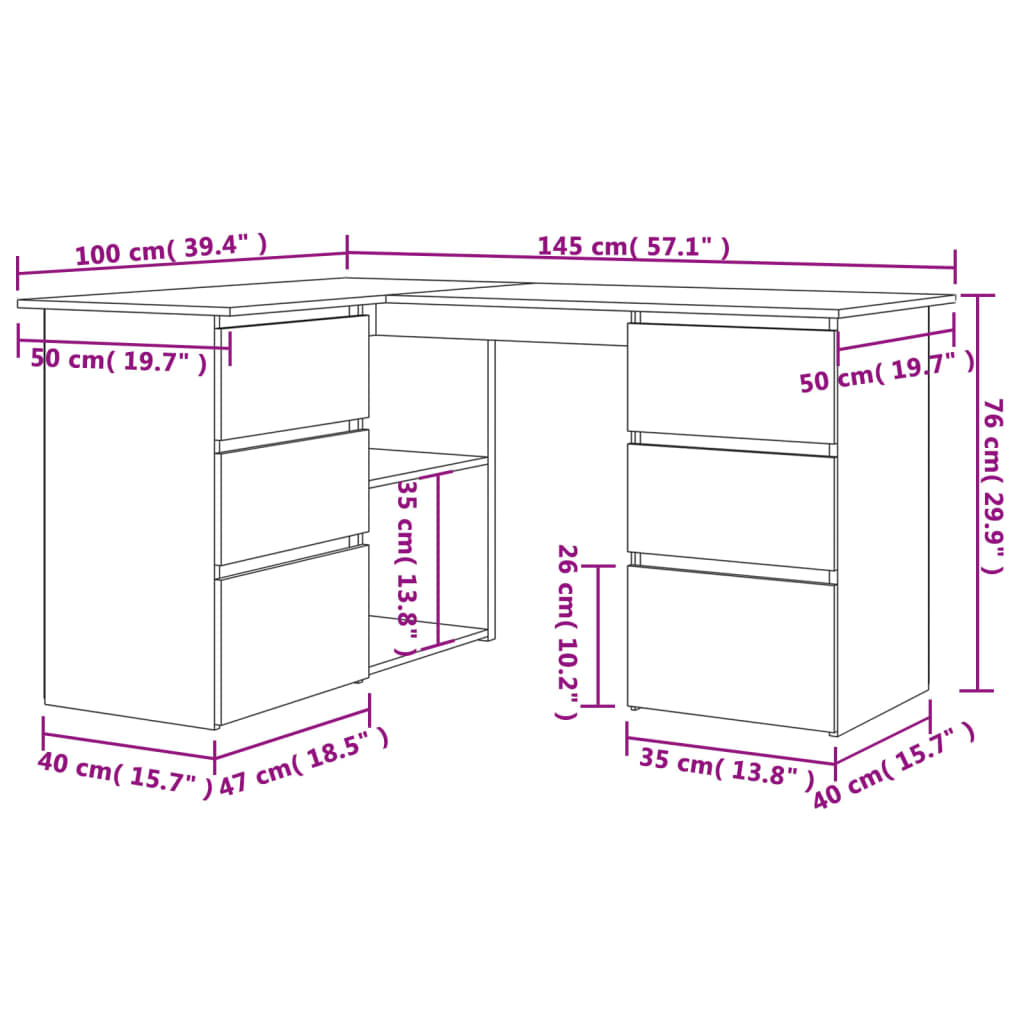 Skrivebord for hjørne betonggrå 145x100x76 cm konstruert tre