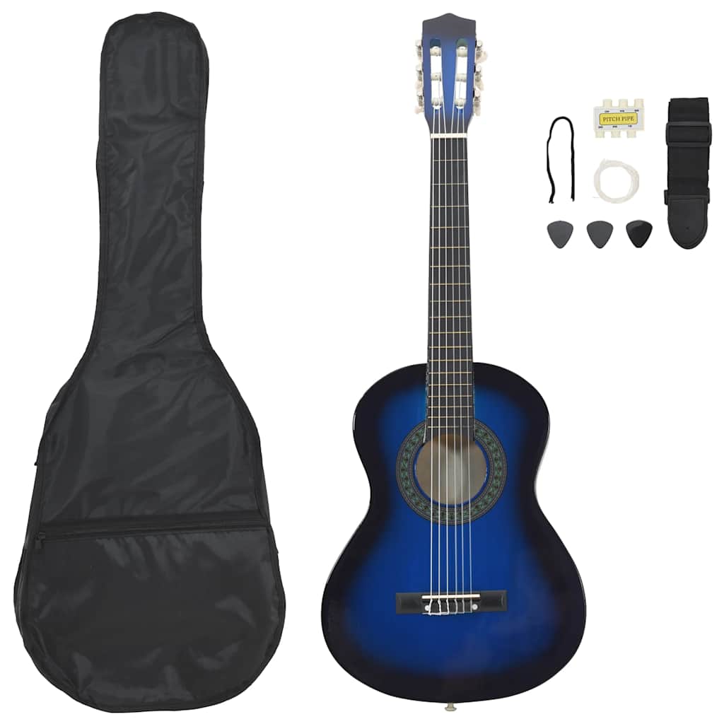 Klassisk gitar 8-delers sett for nybegynnere 1/2 34" blå