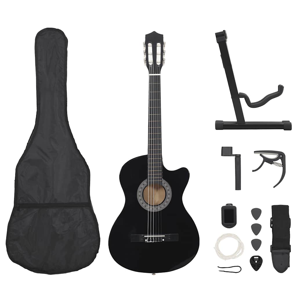 Western klassisk gitarsett 12 deler med 6 strenger svart 38"