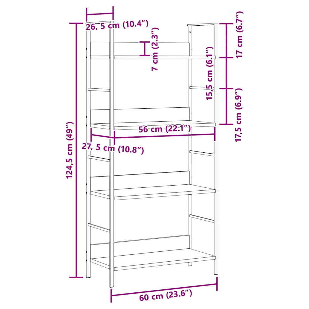 Bokhylle 4 lag hvit 60x27,6x124,5 cm konstruert tre