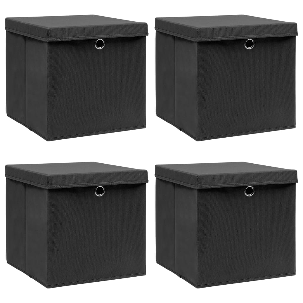 Oppbevaringsbokser med lokk 4 stk svart 32x32x32 cm stoff