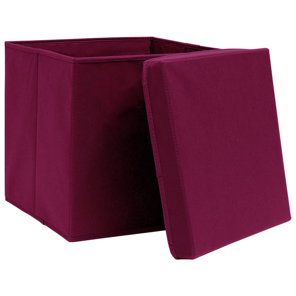 Oppbevaringsbokser med lokk 10 stk mørkerød 32x32x32 cm stoff