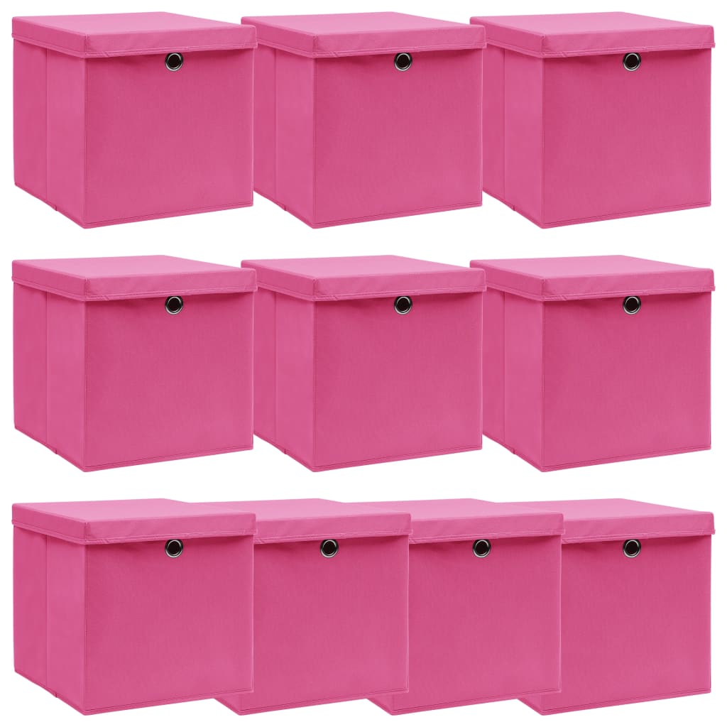 Oppbevaringsbokser med lokk 10 stk rosa 32x32x32 cm stoff