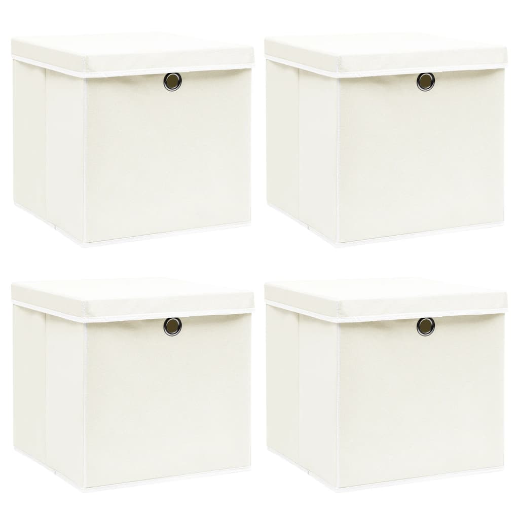 Oppbevaringsbokser med lokk 4 stk hvit 32x32x32 cm stoff