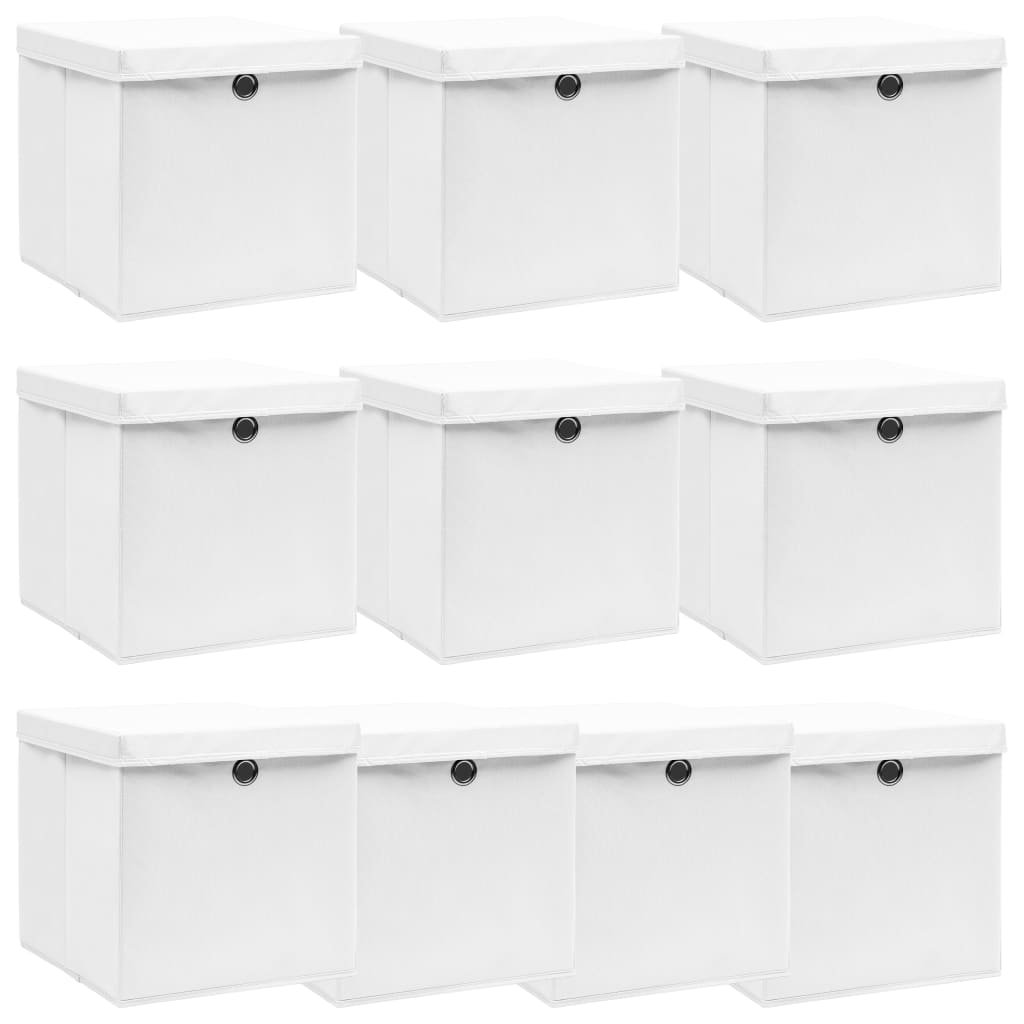 Oppbevaringsbokser med lokk 10 stk hvit 32x32x32 cm stoff