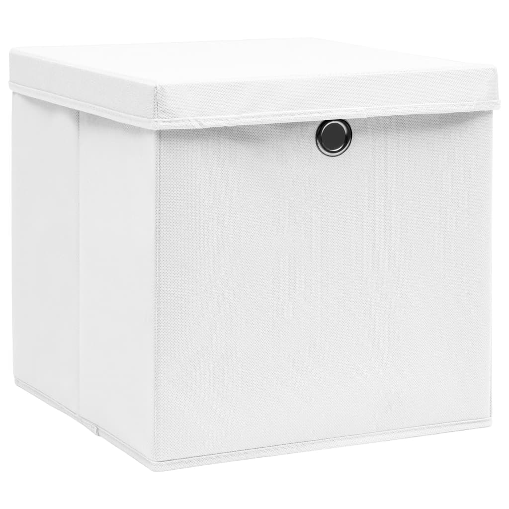 Oppbevaringsbokser med lokk 10 stk hvit 32x32x32 cm stoff