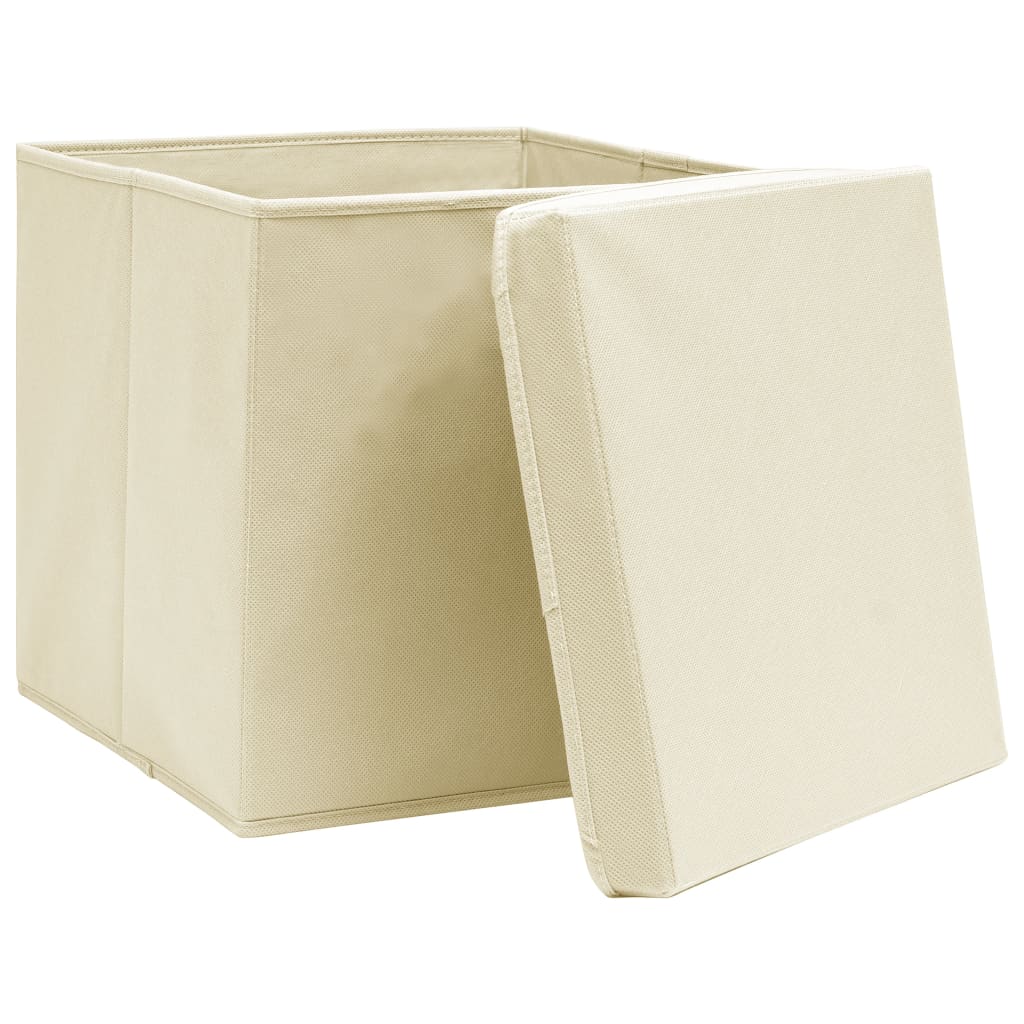 Oppbevaringsbokser med lokk 4 stk kremhvit 32x32x32 cm stoff