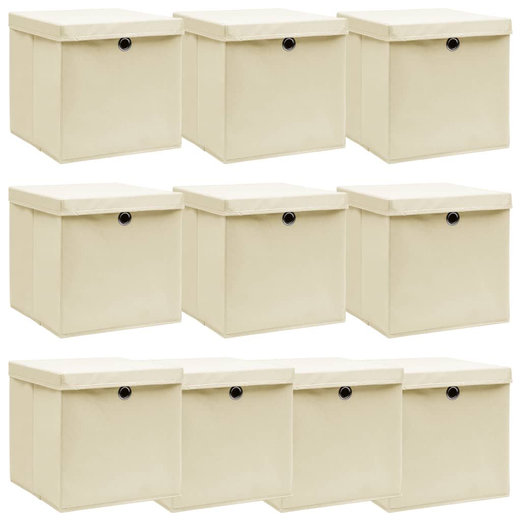 Oppbevaringsbokser med lokk 10 stk kremhvit 32x32x32 cm stoff