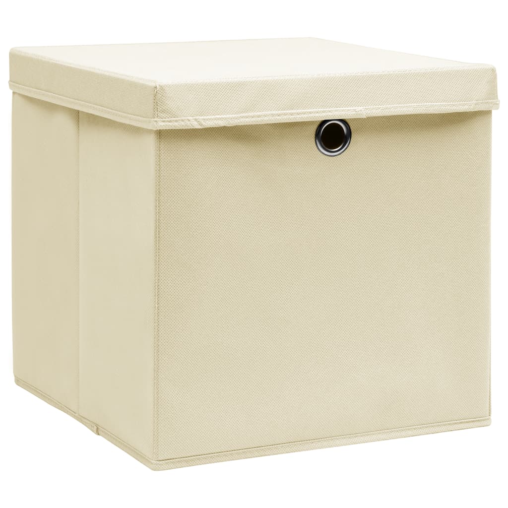 Oppbevaringsbokser med lokk 10 stk kremhvit 32x32x32 cm stoff