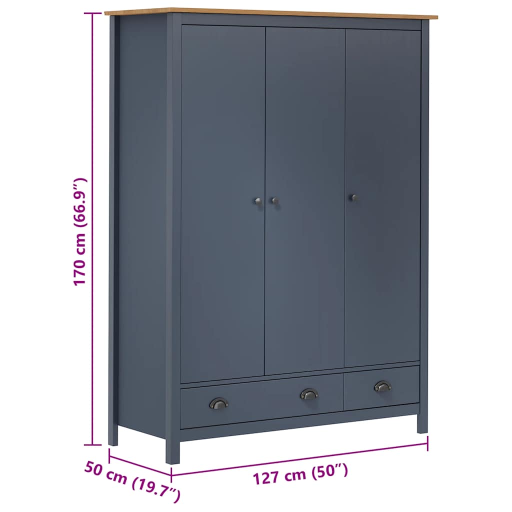 Garderobeskap 3 dører Hill grå 127x50x170 cm heltre furu