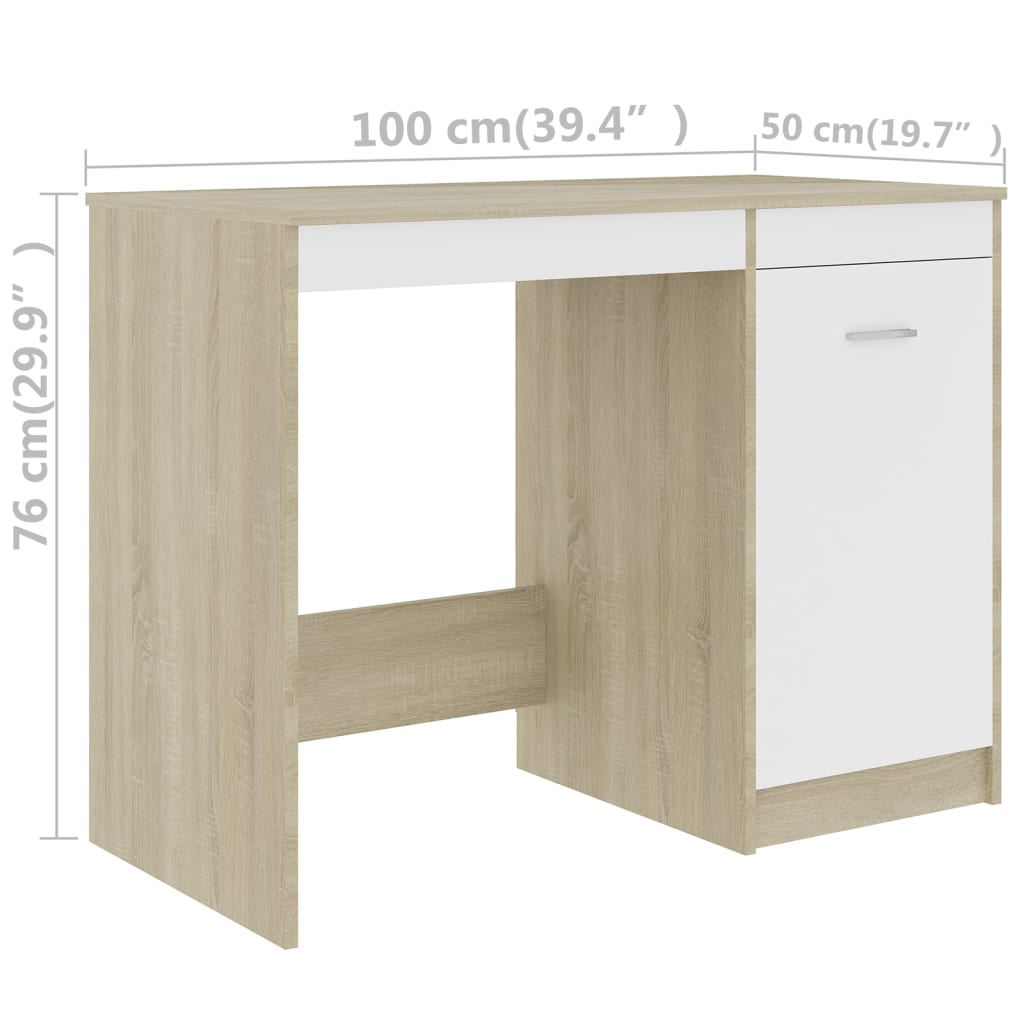 Skrivebord hvit og sonoma eik 100x50x76 cm sponplate