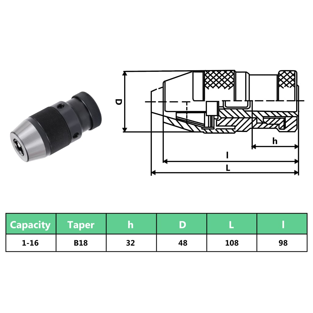 Borchuck med hurtigutløser MT3-B18 klemkapasitet 16 mm 1-16B16