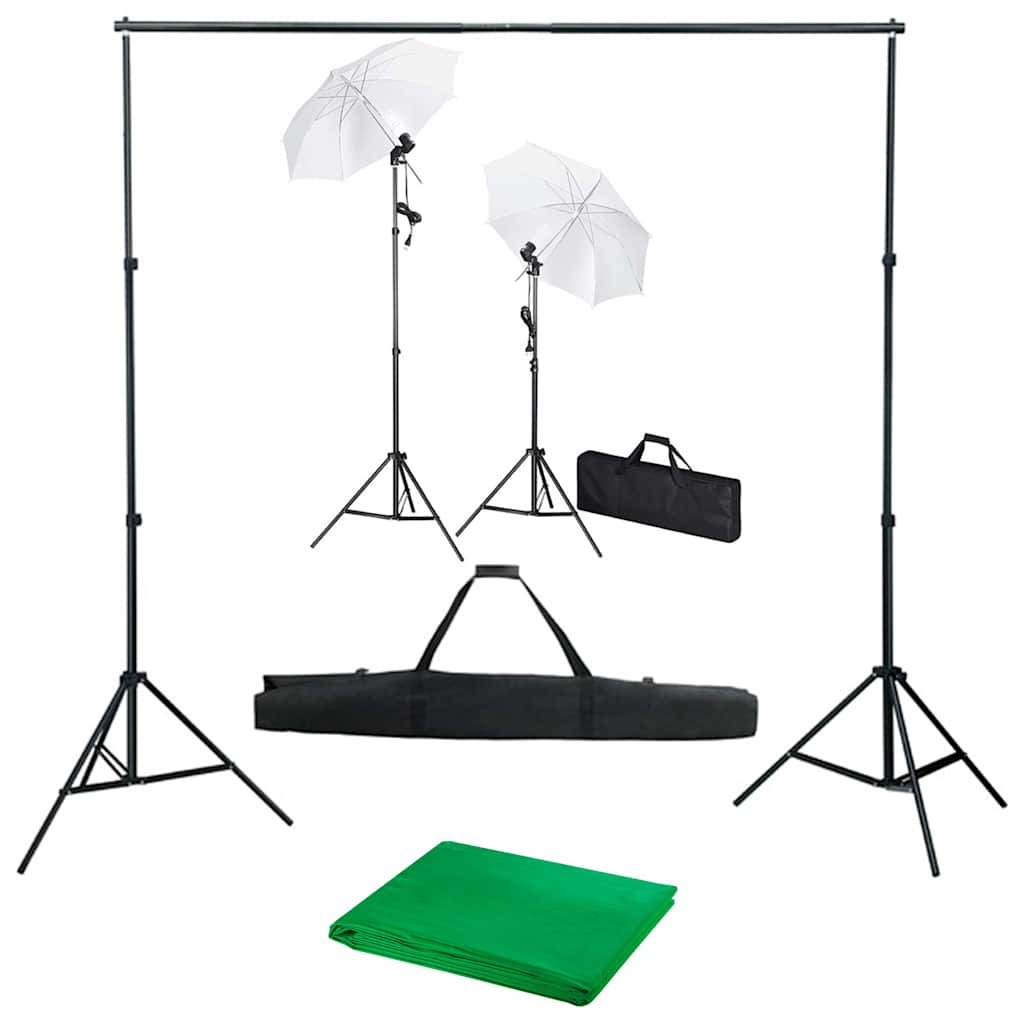 Fotostudiosett med bakgrunn, lamper og parasoller