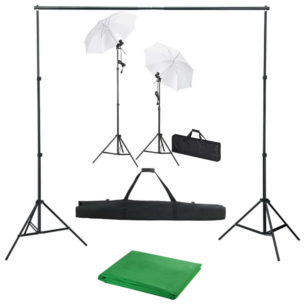 Fotostudiosett med bakgrunn, lamper og parasoller