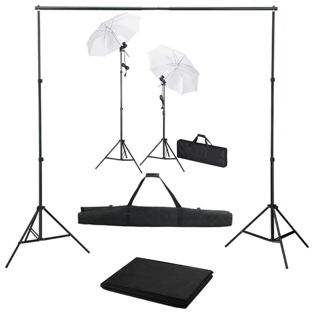 Fotostudiosett med bakgrunn, lamper og parasoller