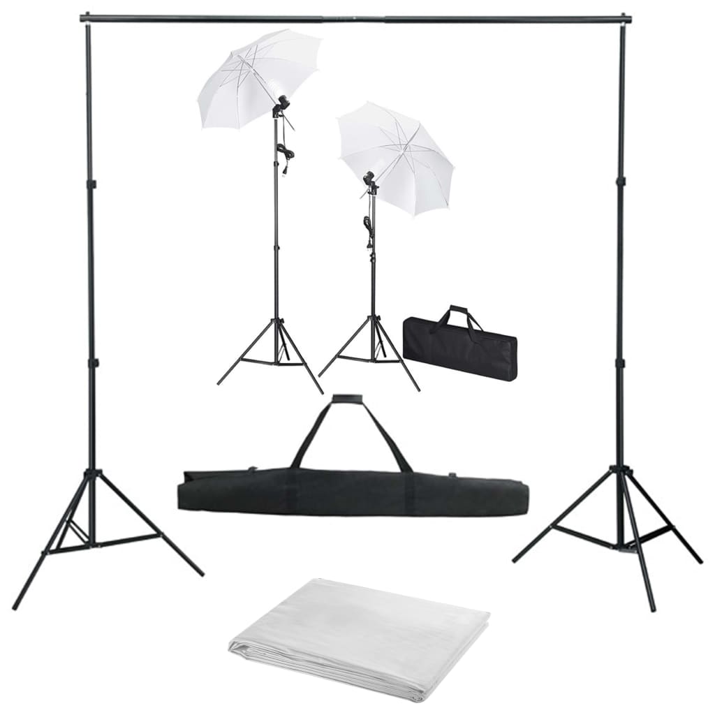 Fotostudiosett med bakgrunn, lamper og parasoller