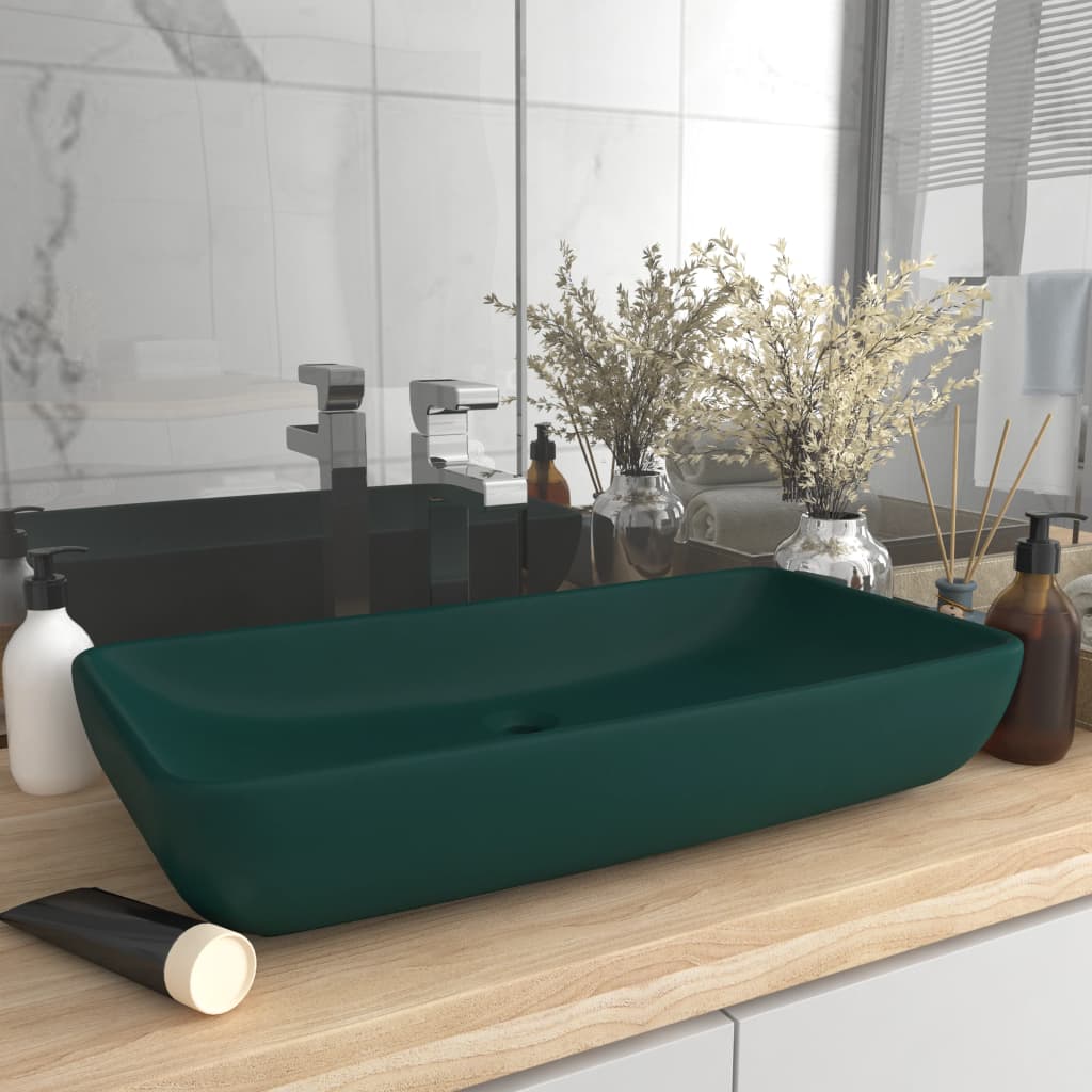 Luksuriøs servant rektangulær matt mørkegrønn 71x38 cm keramikk