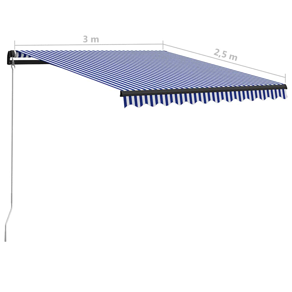 Manuell uttrekkbar markise med LED 300x250 cm blå og hvit vidaXL