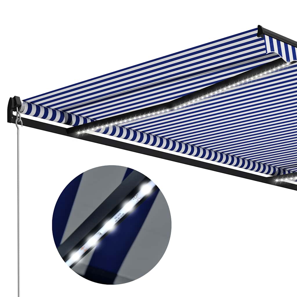 Manuell uttrekkbar markise med LED 300x250 cm blå og hvit vidaXL