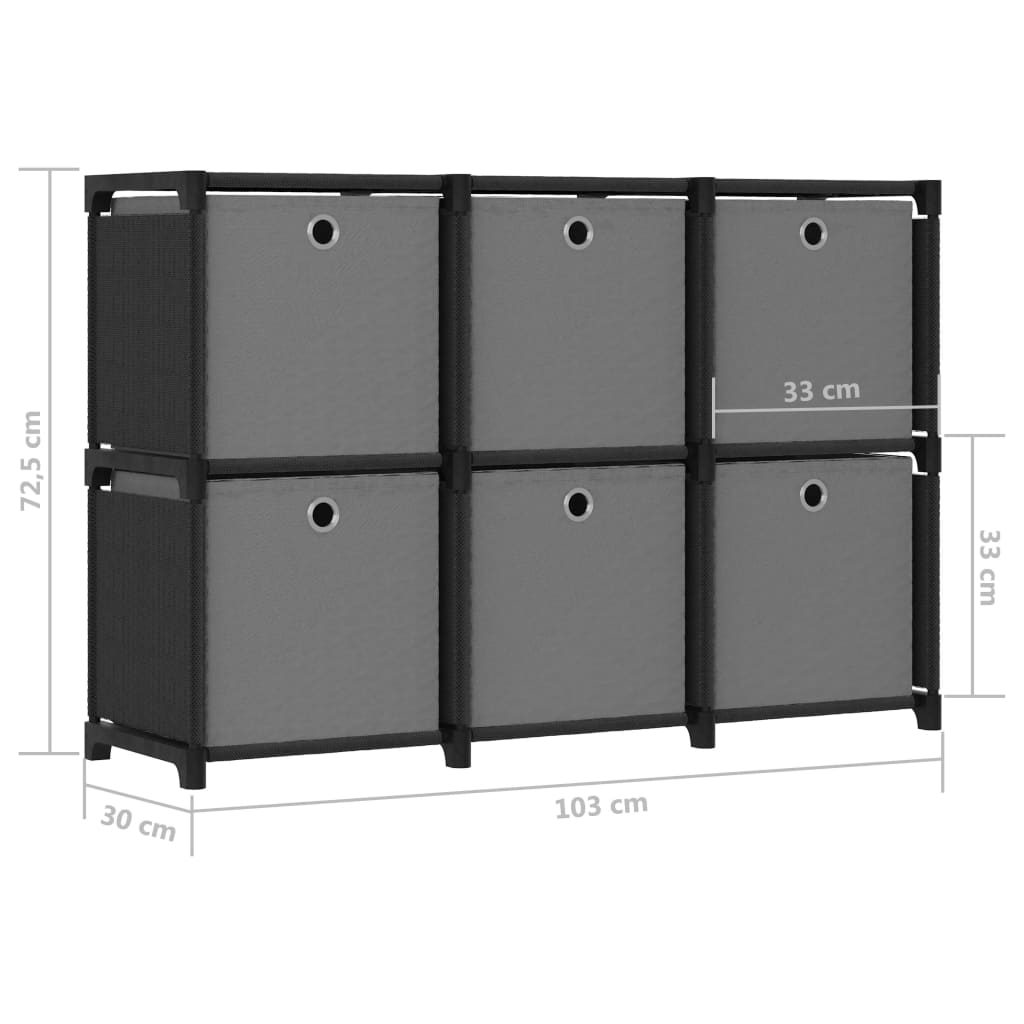 Displayhylle med 6 kuber og bokser svart 103x30x72,5 cm stoff