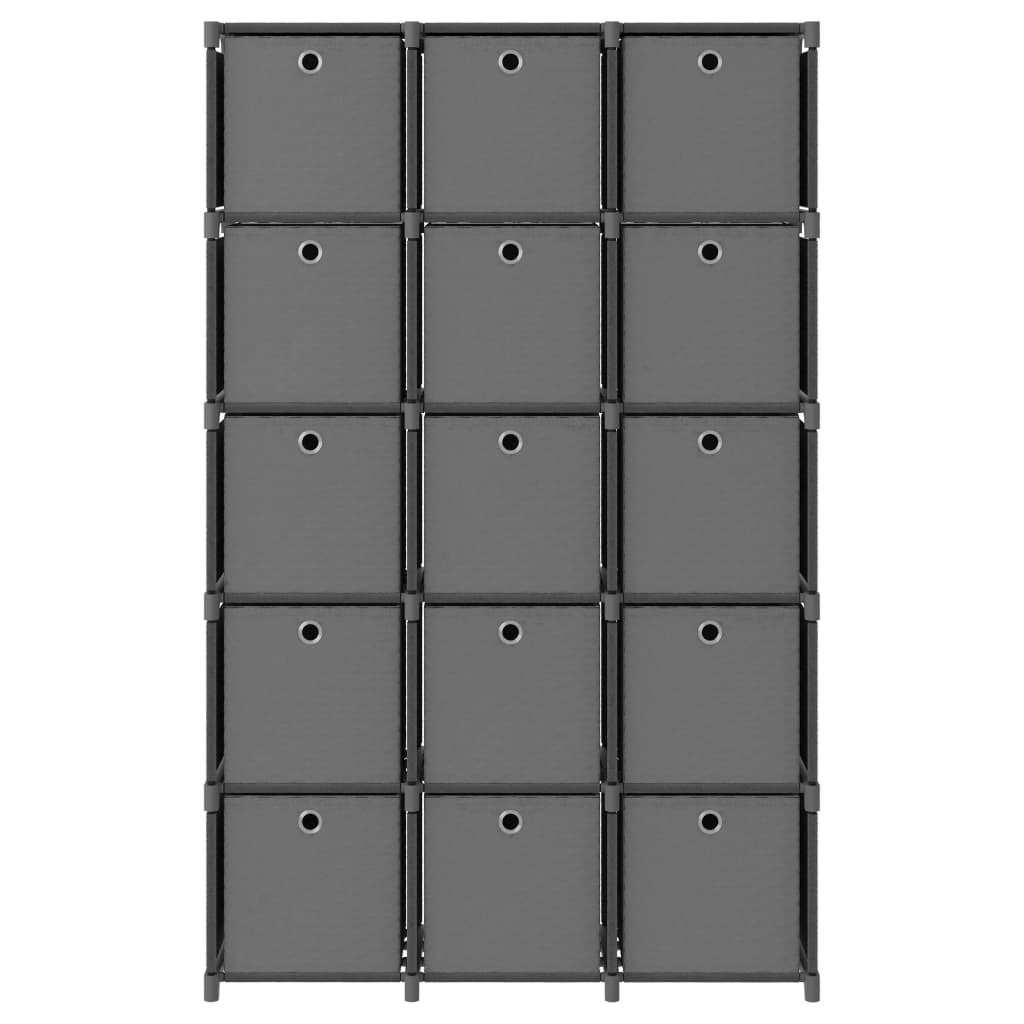 Displayhylle med 15 kuber og bokser grå 103x30x175,5 cm stoff