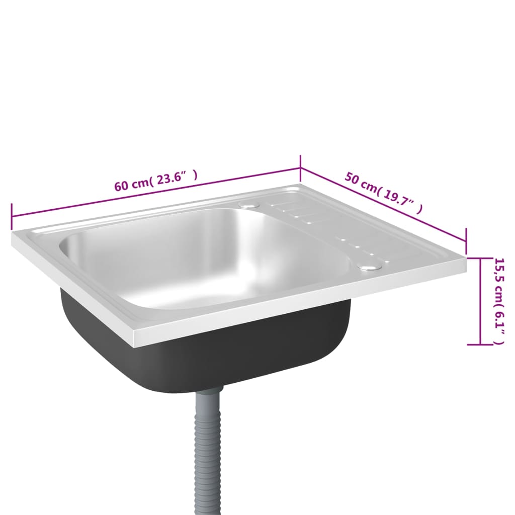 Kjøkkenvask med avløpssett sølv 600x500x155 mm rustfritt stål