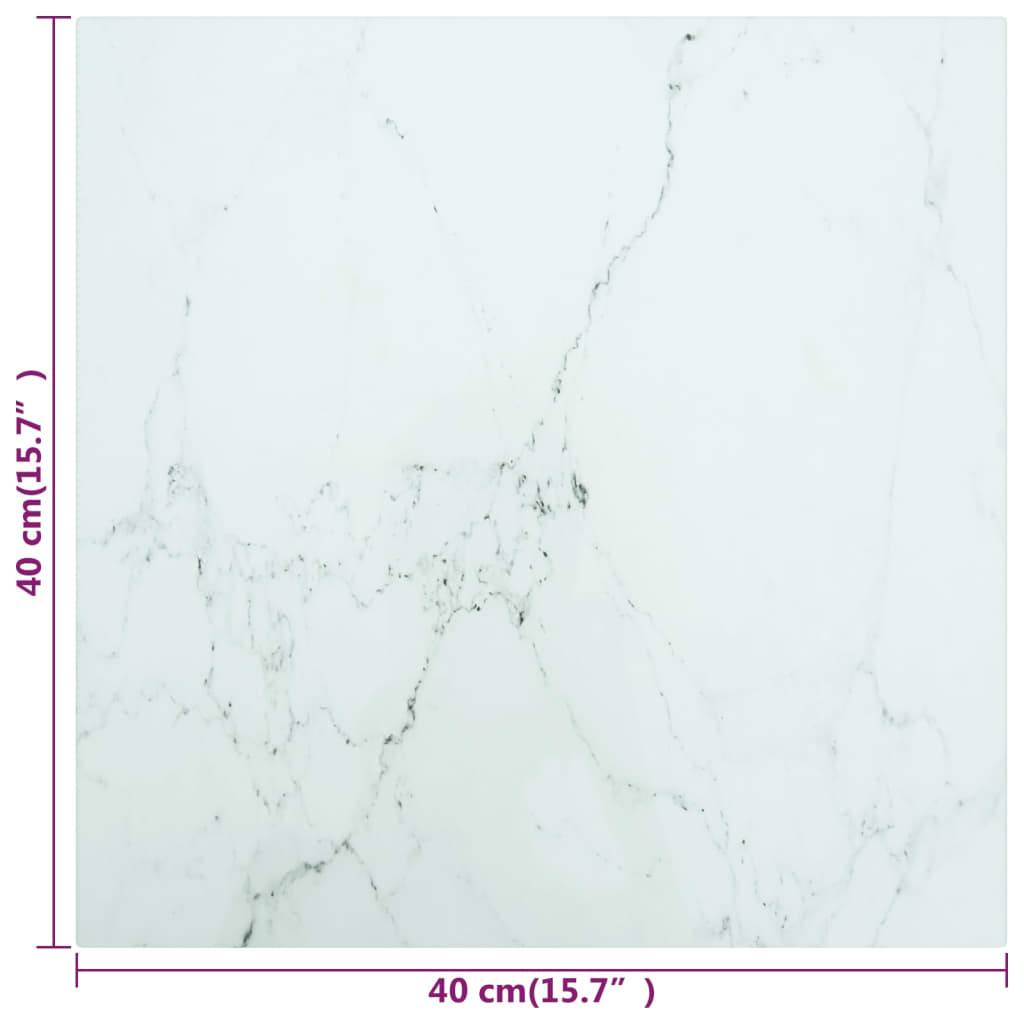 Bordplate hvit 40x40 cm 6 mm herdet glass med marmor design