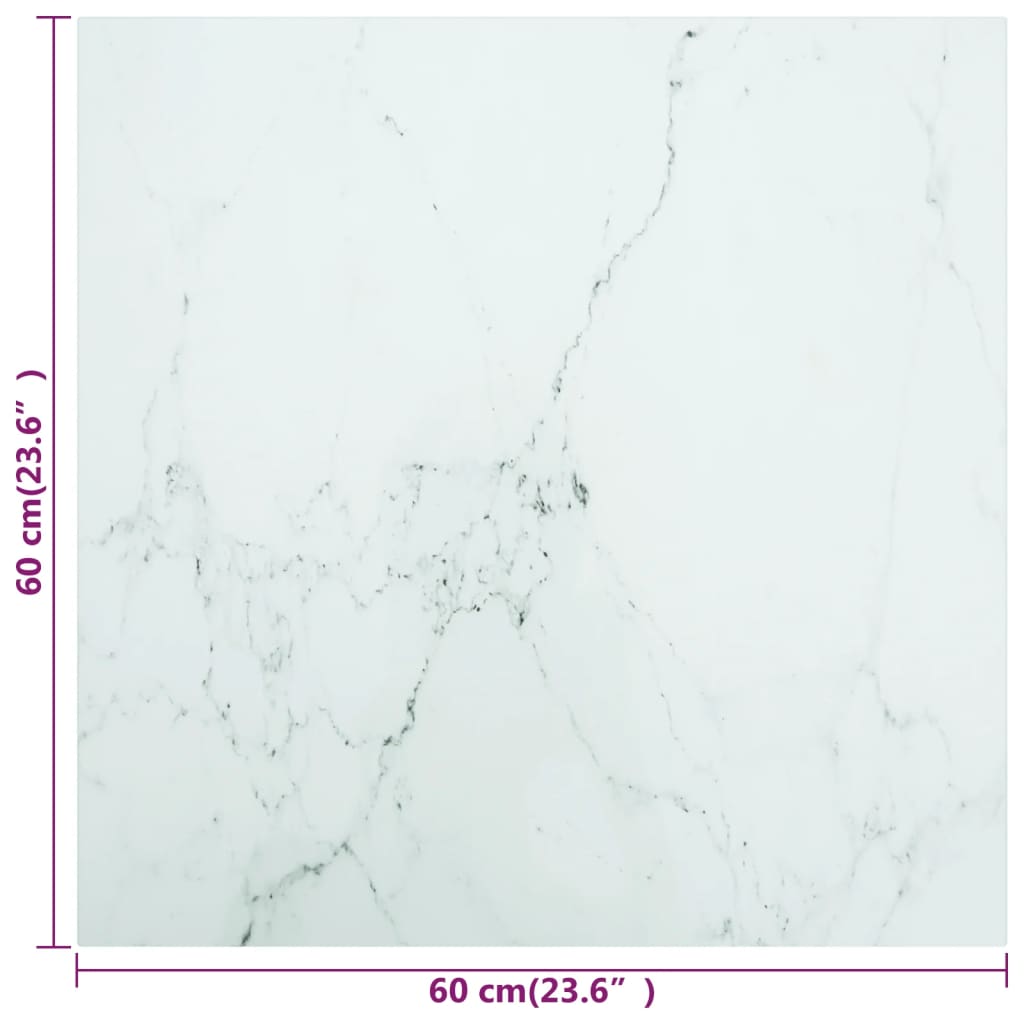 Bordplate hvit 60x60 cm 6 mm herdet glass med marmor design