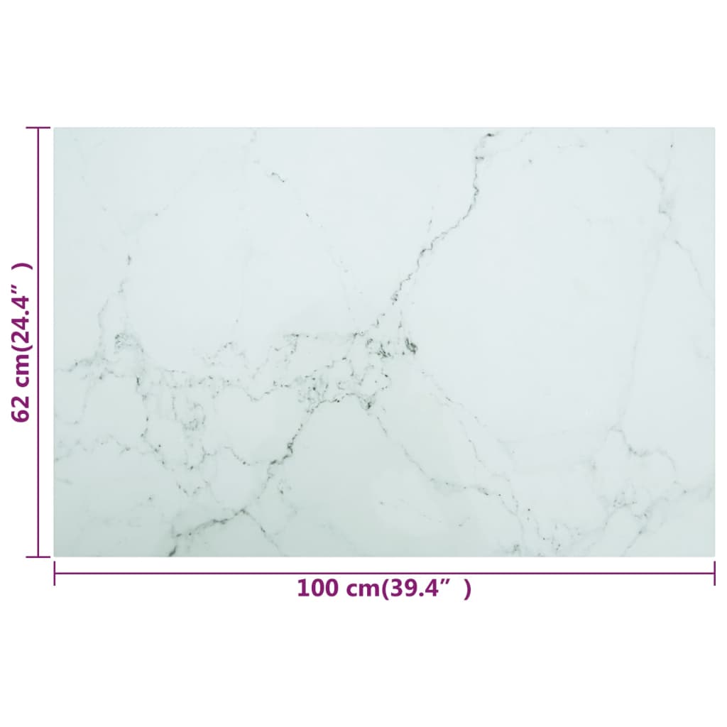 Bordplate hvit 100x62 cm 8 mm herdet glass med marmor design
