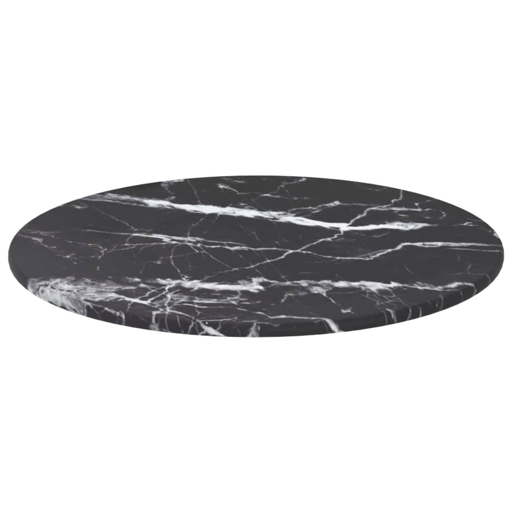 Bordplate svart Ø30x0,8 cm herdet glass med marmor design