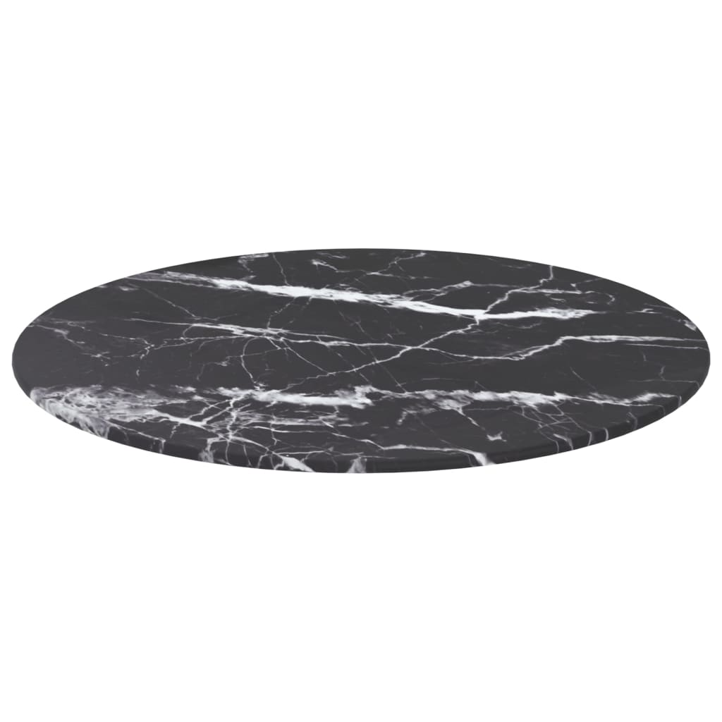 Bordplate svart Ø50x0,8 cm herdet glass med marmor design