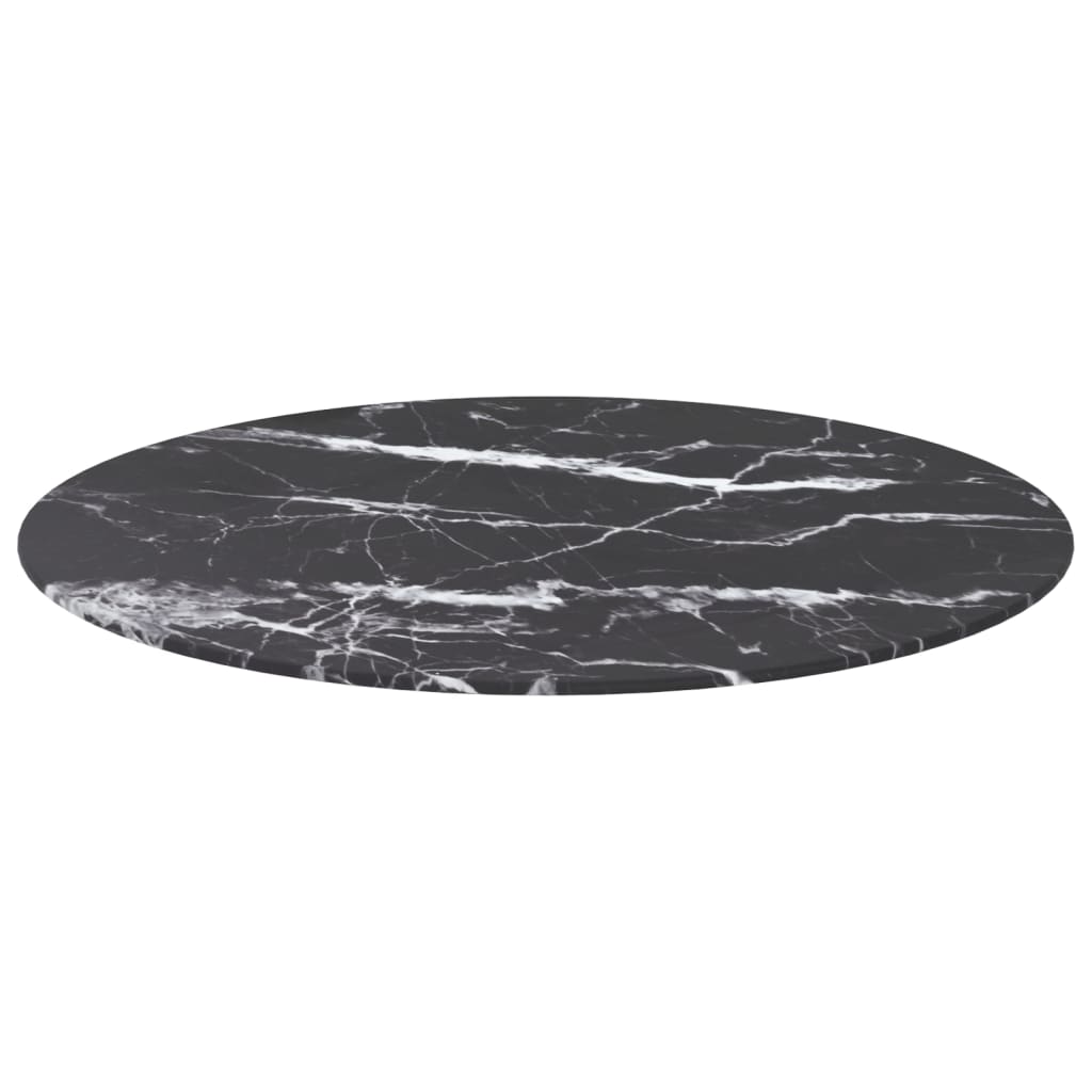 Bordplate svart Ø70x0,8 cm herdet glass med marmor design