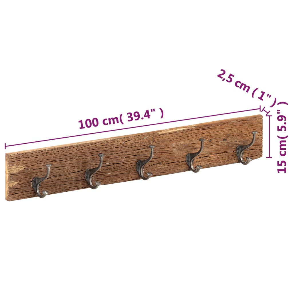 Knaggrekke med 5 kroker 100x2,5x15 cm gjenvunnet heltre