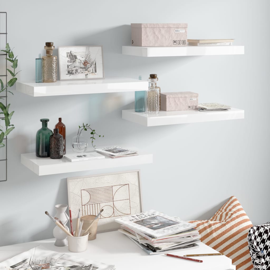 Flytende vegghyller 4 stk høyglans hvit 50x23,5x3,8 cm MDF