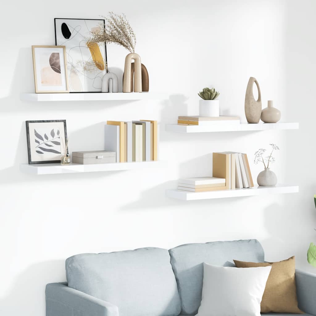 Flytende vegghyller 4 stk høyglans hvit 90x23,5x3,8 cm MDF