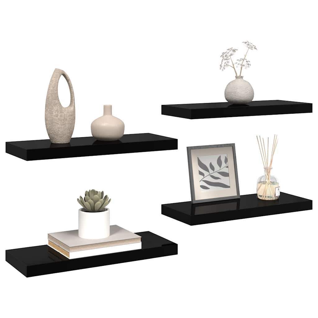 Flytende vegghyller 4 stk høyglans svart 60x23,5x3,8 cm MDF