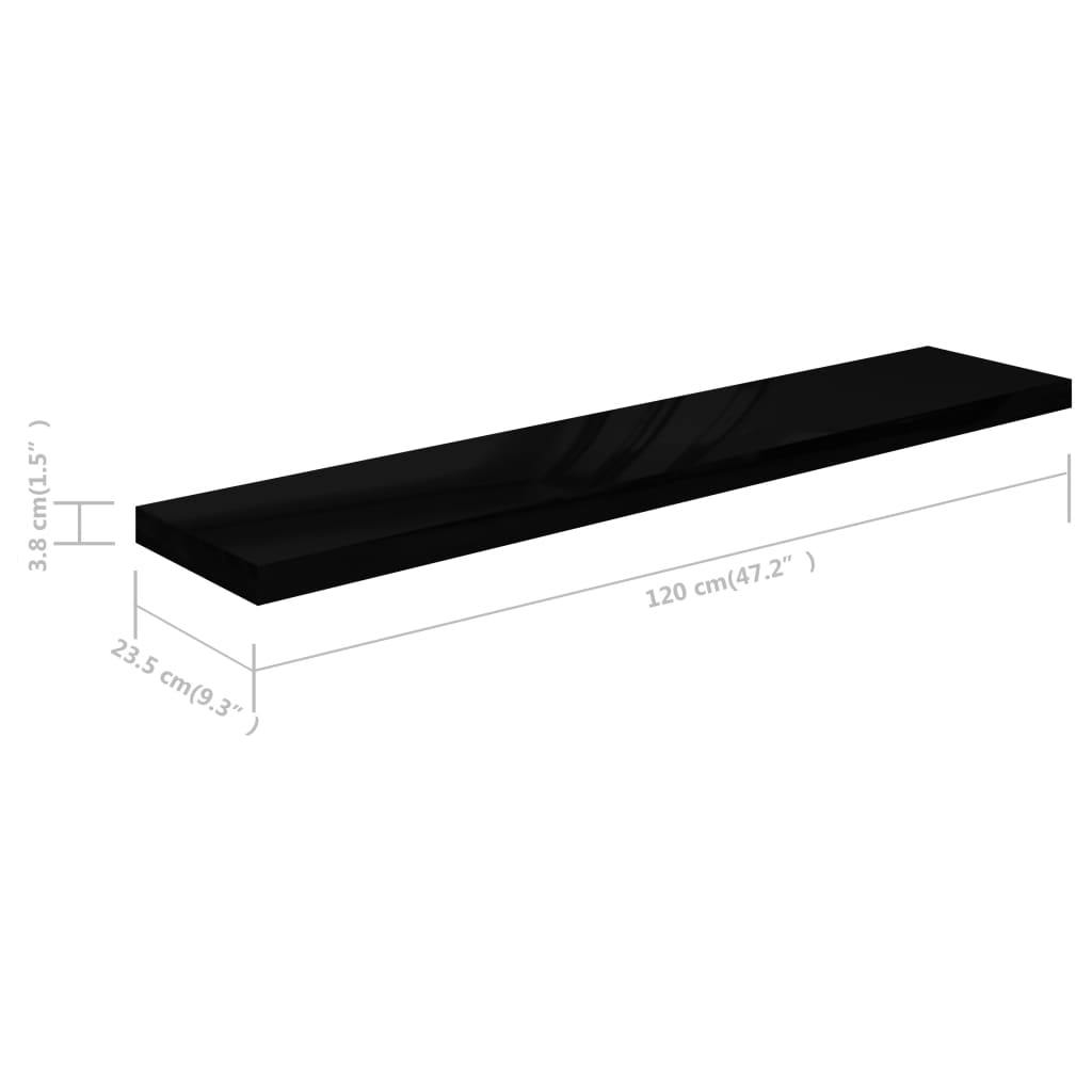 Flytende vegghylle høyglans svart 120x23,5x3,8 cm MDF
