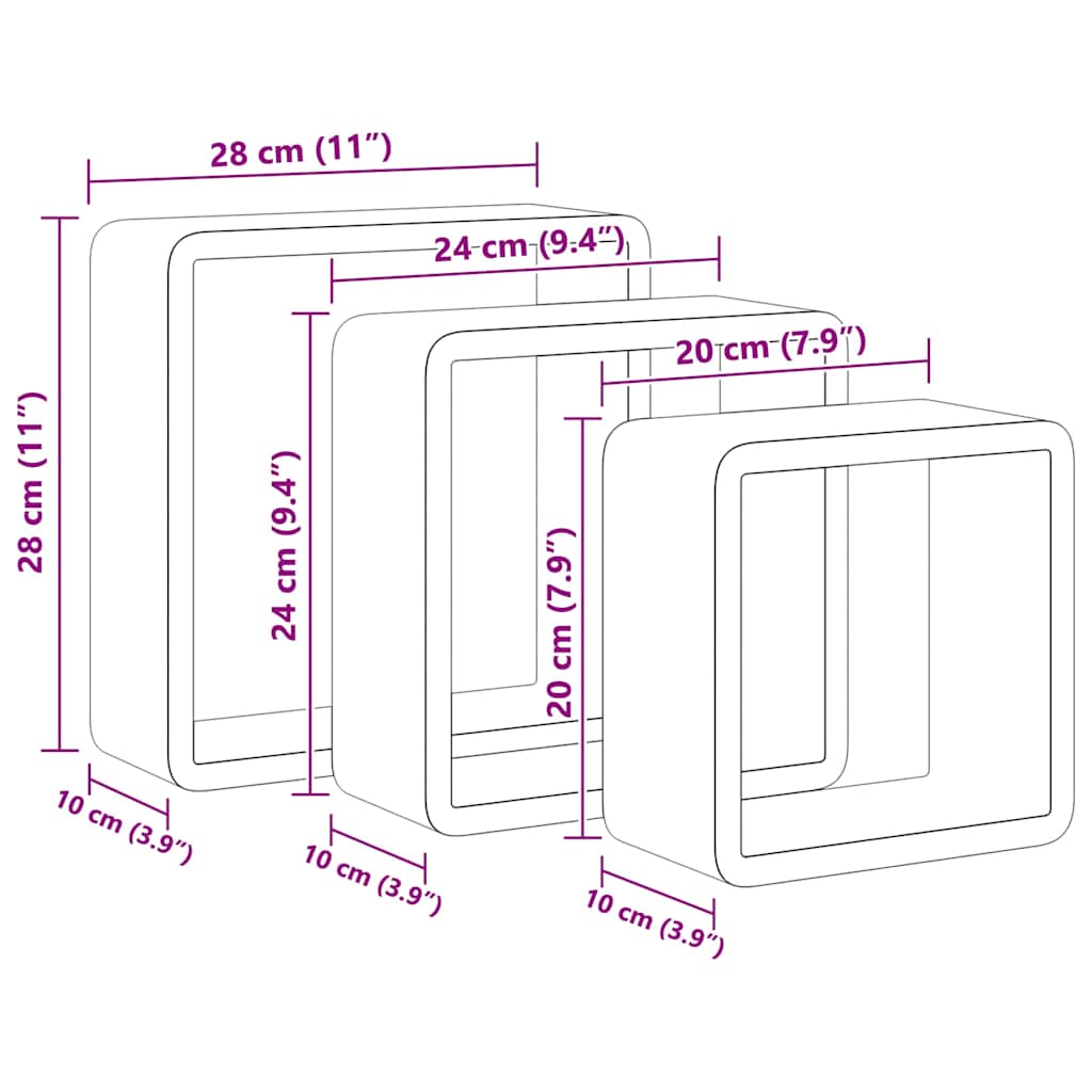 Vegghyller kubeformet 3 stk MDF hvit