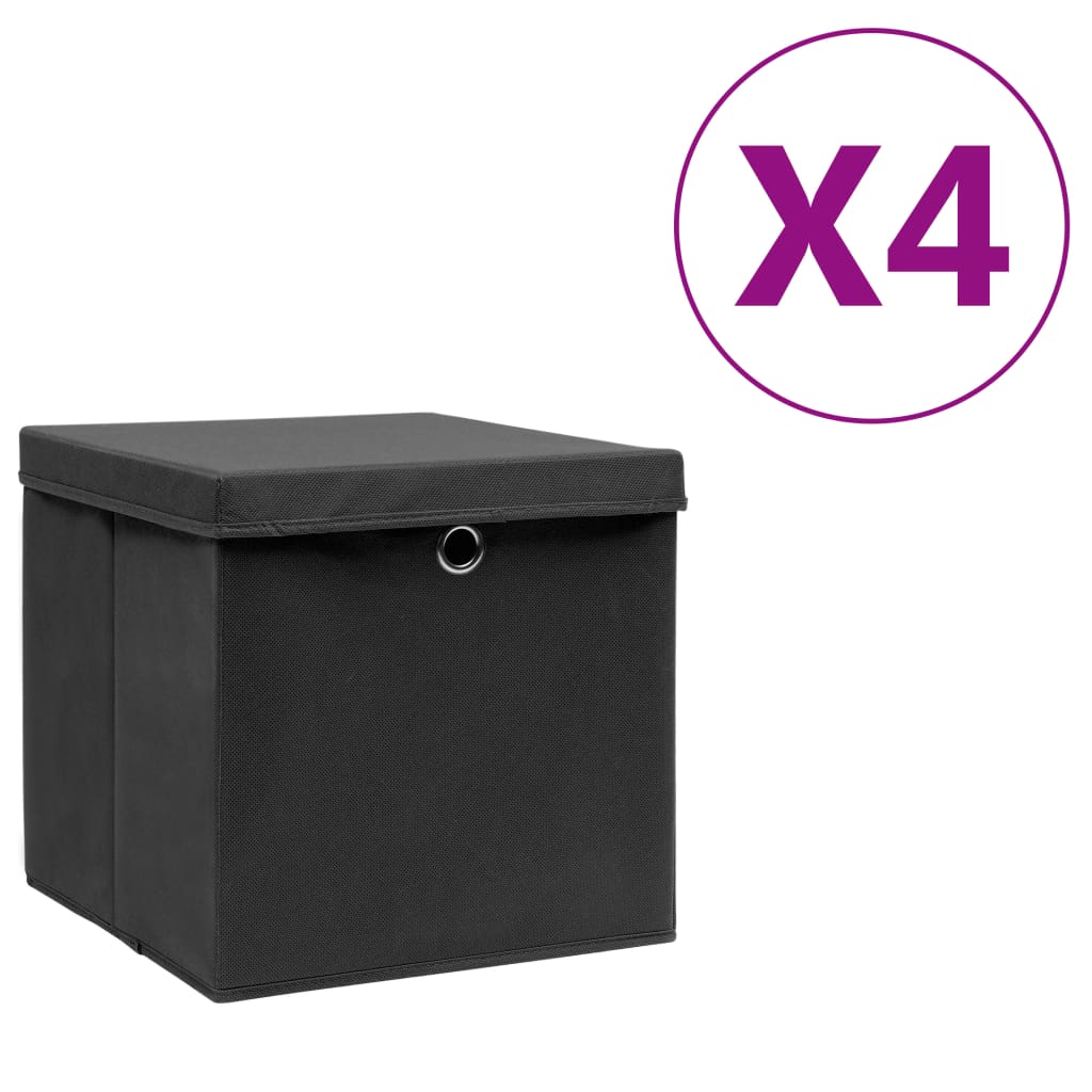 Oppbevaringsbokser med deksler 4 stk 28x28x28 cm svart
