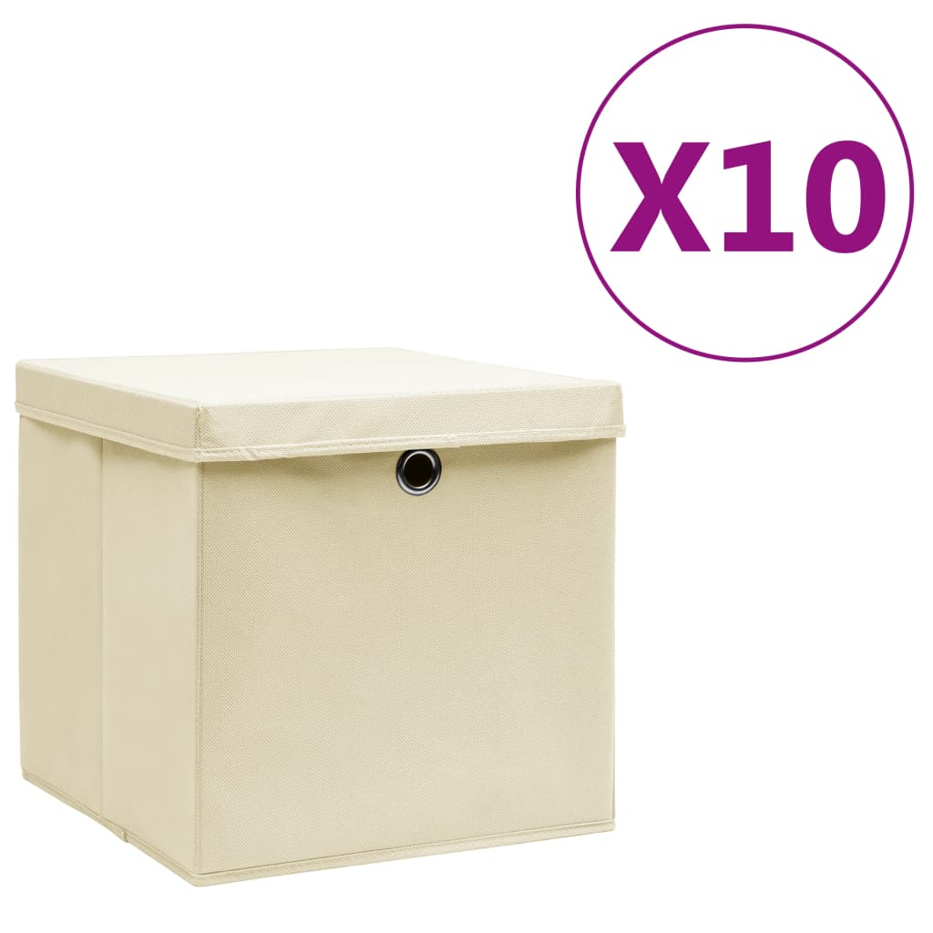 Oppbevaringsbokser med deksler 10 stk 28x28x28 cm kremhvit